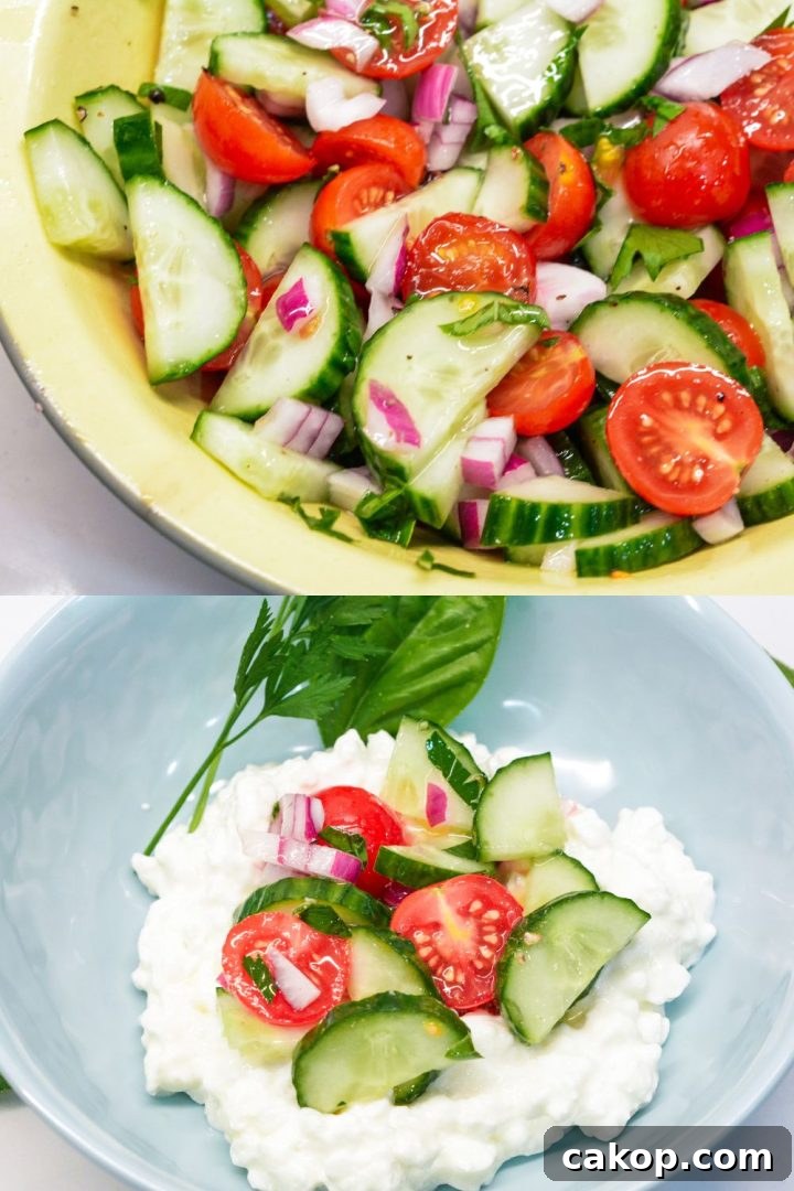 Cucumber and tomato salad is the perfect summer salad with homemade dressing that can be a high protein cucumber, tomato, and onion salad with cottage cheese.
