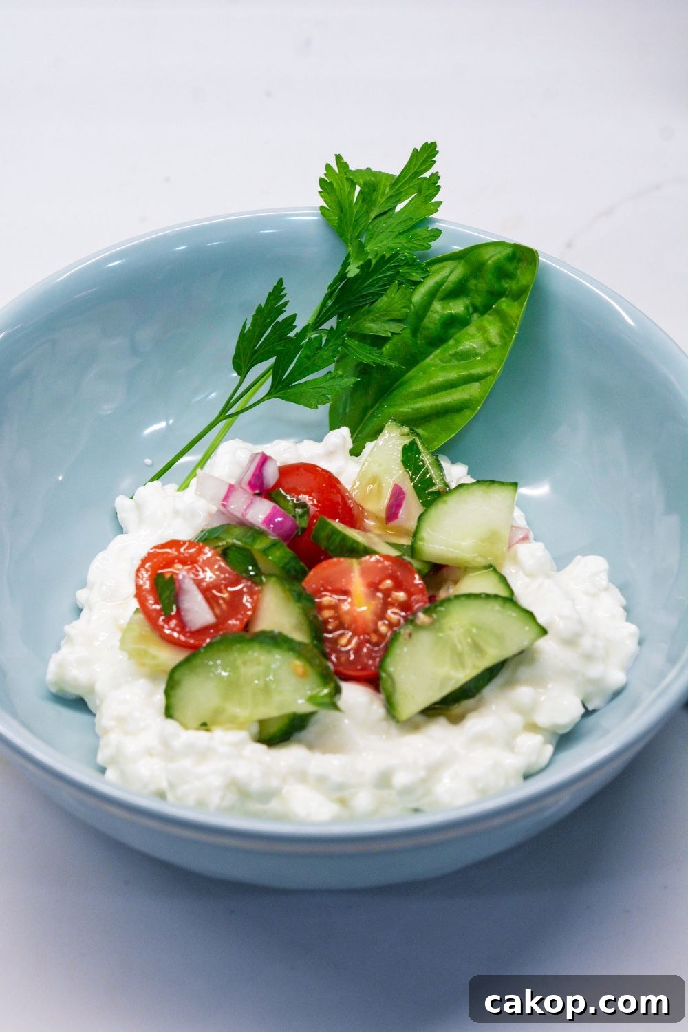High-Protein Cucumber and tomato salad with cottage cheese.