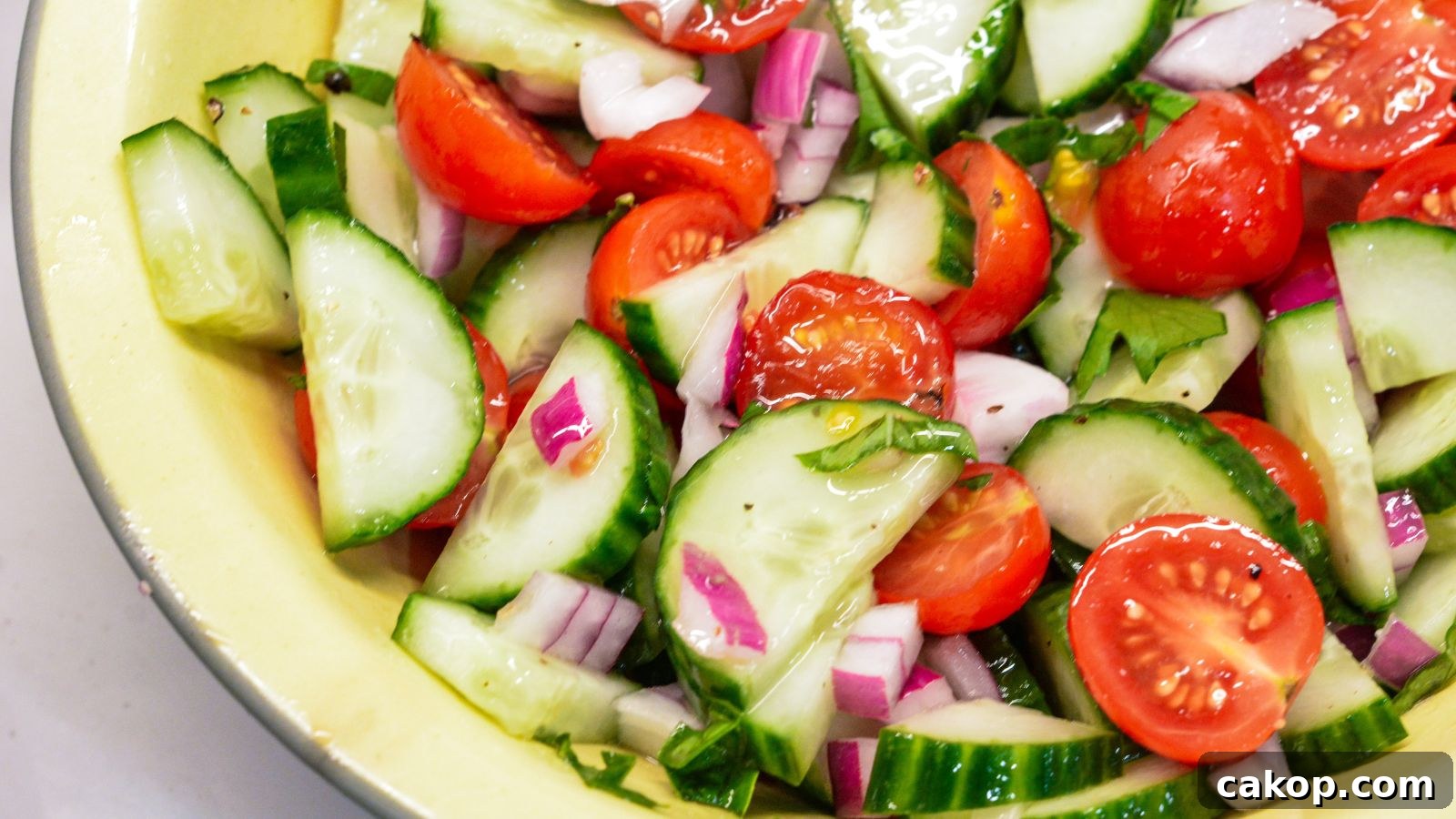 Cucumber and tomato salad with homemade dressing served over cottage cheese.
