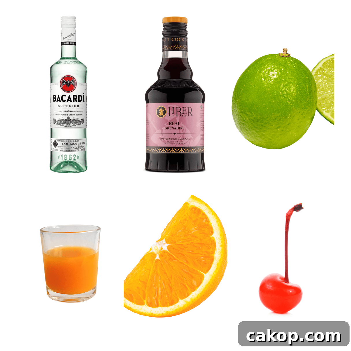 ingredients including white rum, grenadine, lime and orange juice