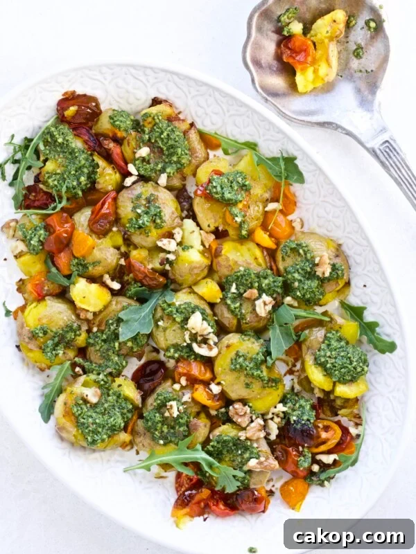 Pesto Smashed Potatoes and Roasted Tomatoes
