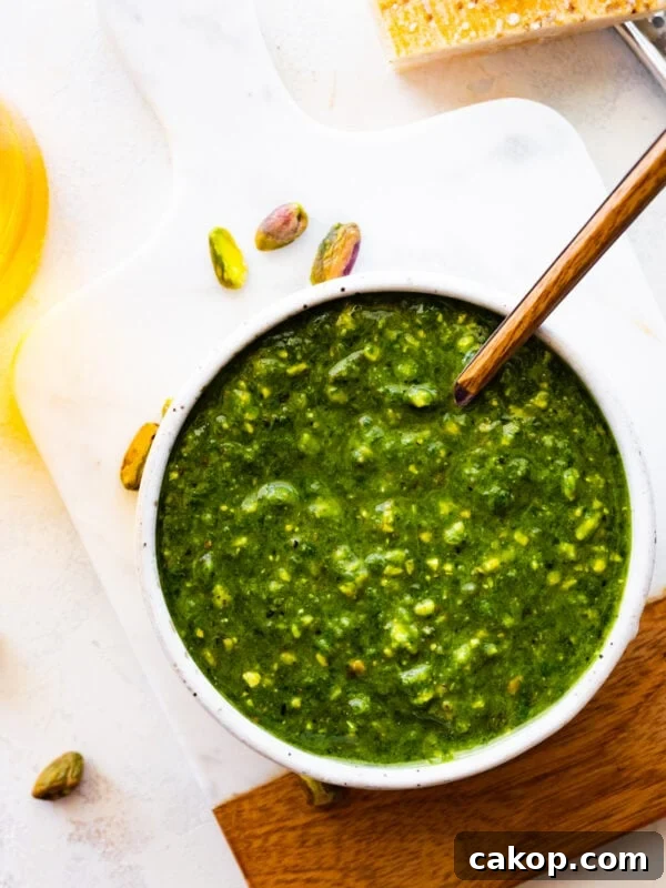 A bowl of pistachio pesto with a spoon in it.