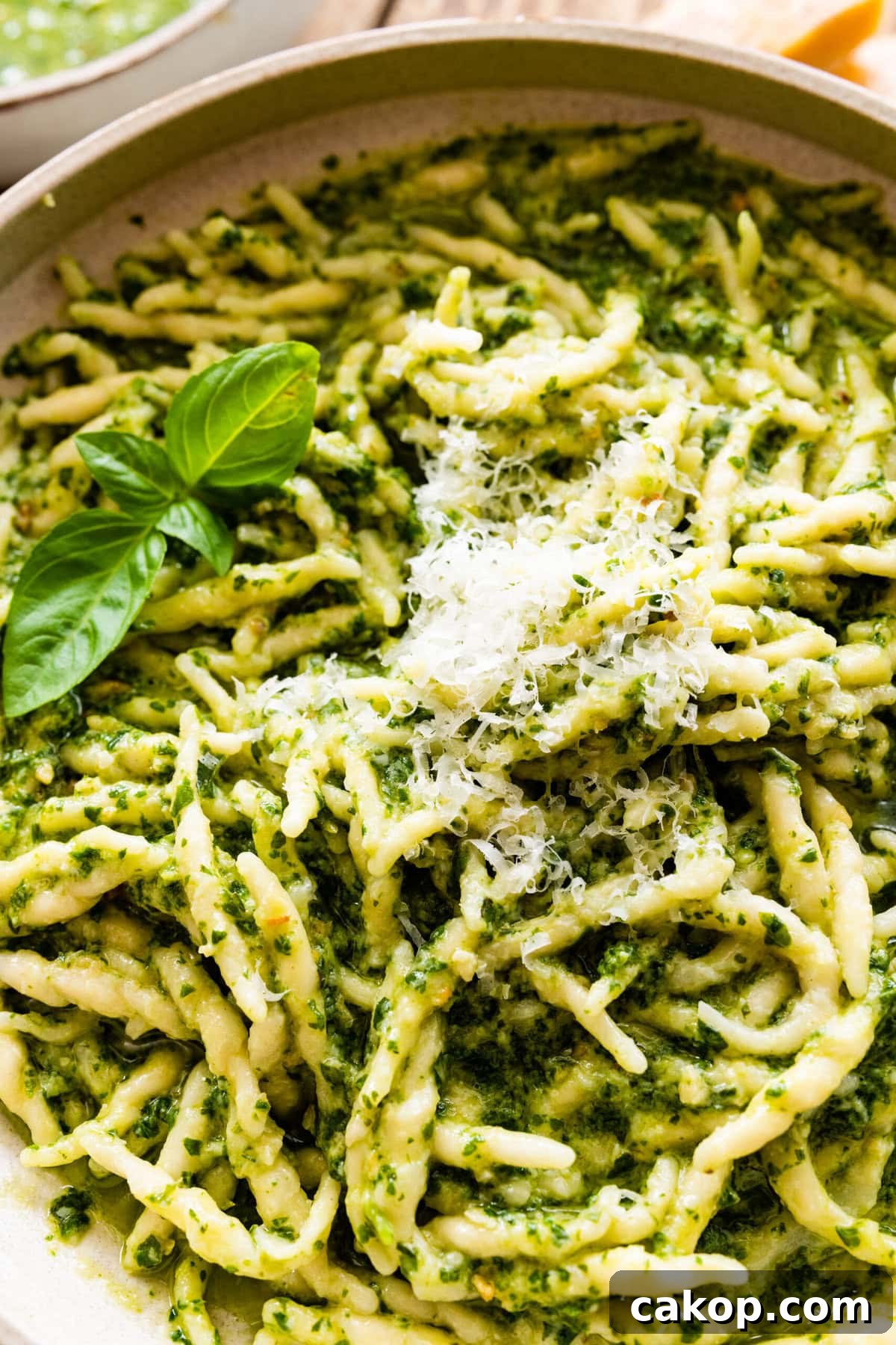 Basil pesto tossed with trofie pasta. Served with parmigiano on top.