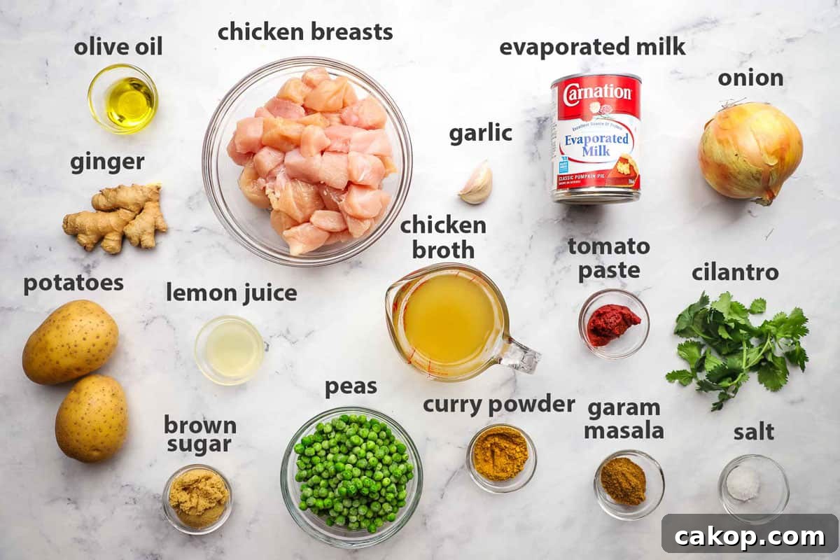 ingredients labelled for chicken and potato curry