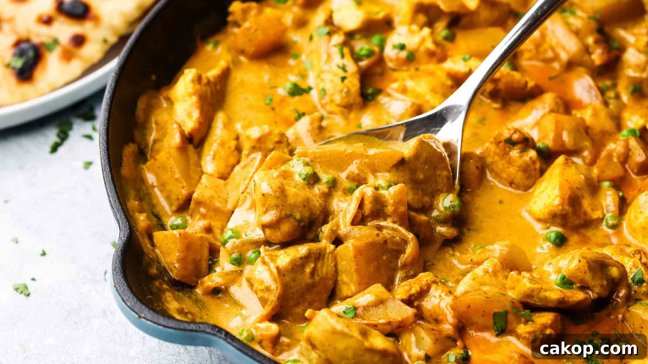 This creamy chicken and potato curry is a hearty, yet lightened-up, Indian-style curry that's not only quick and easy to prepare but also full of flavor.