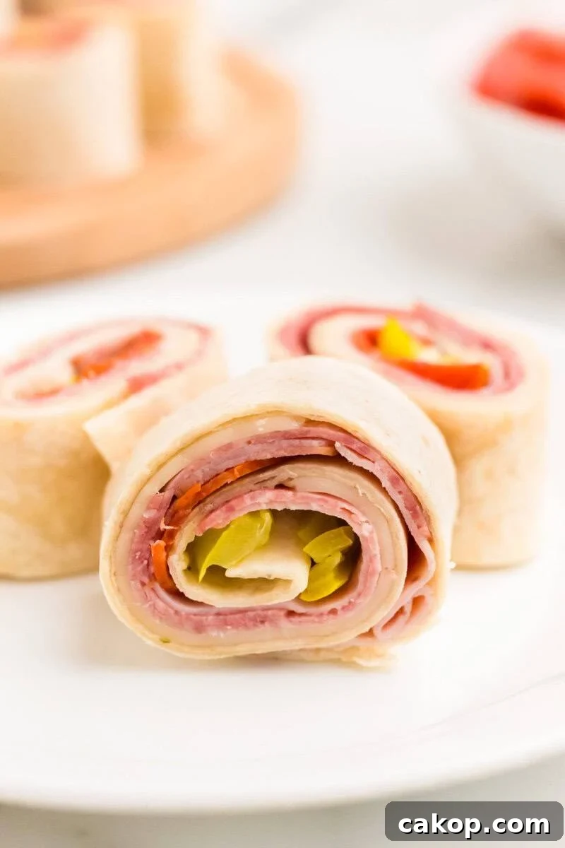 closeup of one of the slices of the Italian Pinwheels.