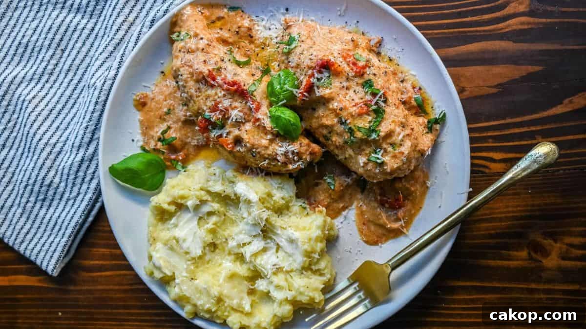 11 Quick Chicken Dinner Recipes for Weeknight Meals 7 A serving of Marry Me Chicken on a plate with a side of mashed potatoes.