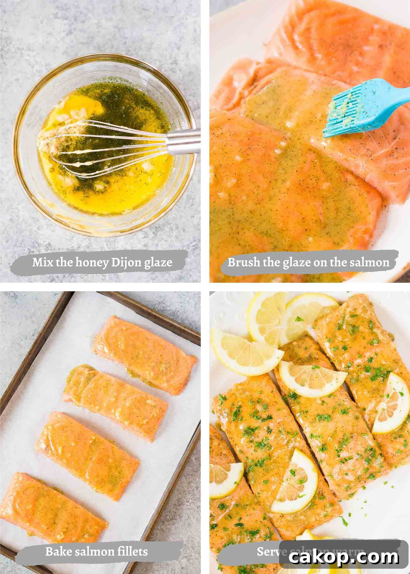 process shots of making honey mustard salmon in the oven