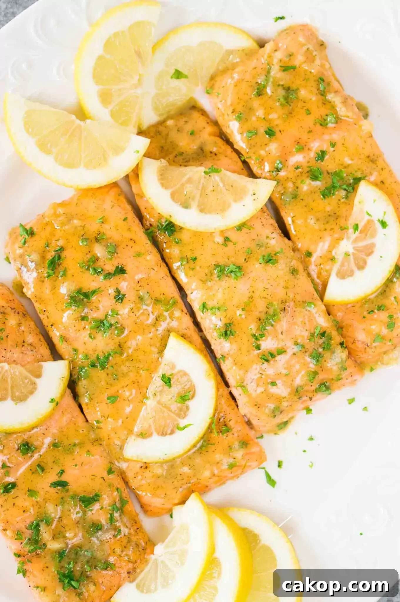 Honey Dijon Glazed Salmon Fillets on a white platter