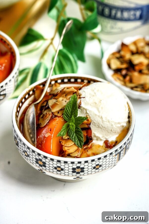 Whipped Brie and Fig Toast Recipe for Elegant Brunch 8 caramelized Amaretto Peaches with toasted almond in a bowl, topped with ice cream and mint.