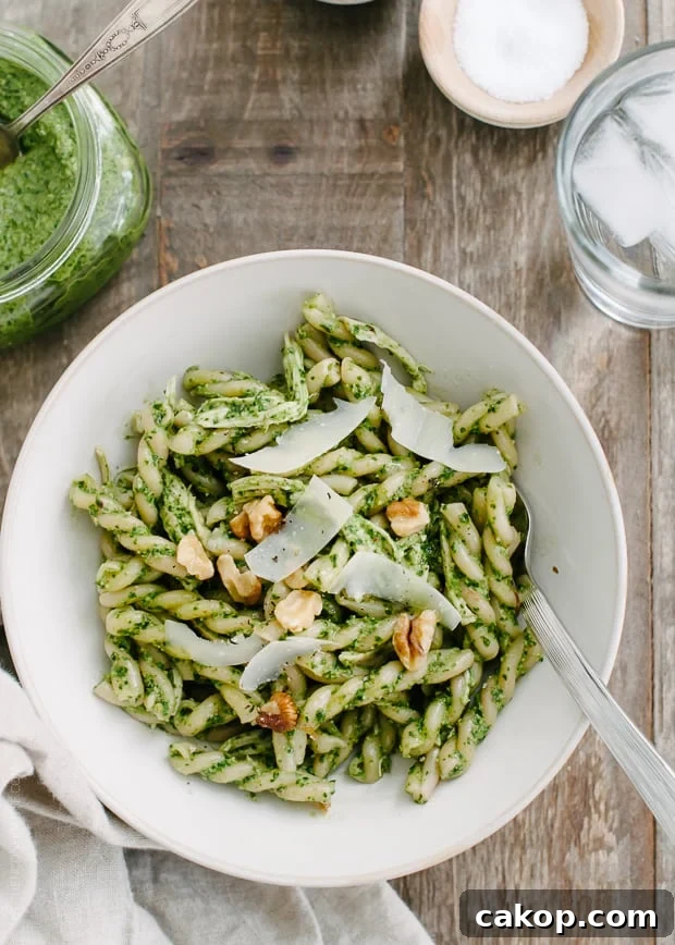 Swiss Chard and Walnut Pesto Pasta Recipe for Flavorful Weeknights 7 A bowl filled with a portion of Swiss Chard Walnut Pesto Pasta.