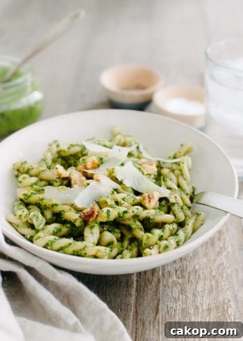 Swiss Chard and Walnut Pesto Pasta Recipe for Flavorful Weeknights 9 Swiss Chard Walnut Pesto Pasta in a white dish.