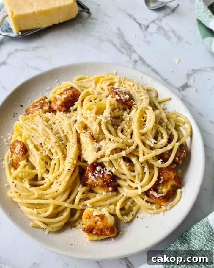 Plateful of halloumi carbonara