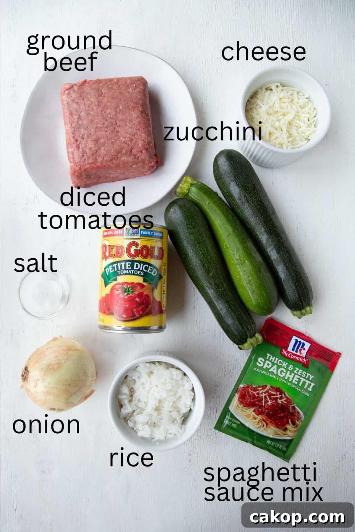 ground beef, zucchini, a can of tomatoes, and other ingredients.
