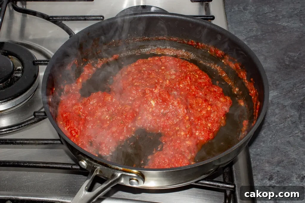 Thickened and reduced tomato sauce in a pan