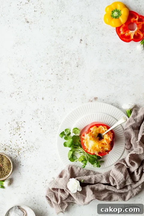 A plate of rice stuffed pepper and salad with a fork