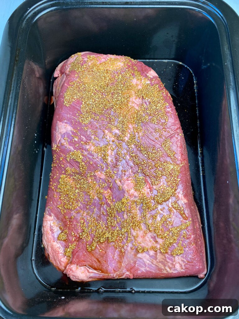 Simple marinade and minced garlic poured over top of a whole brisket in a roaster oven