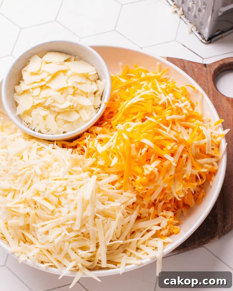 Cheeses for baked macaroni and cheese.