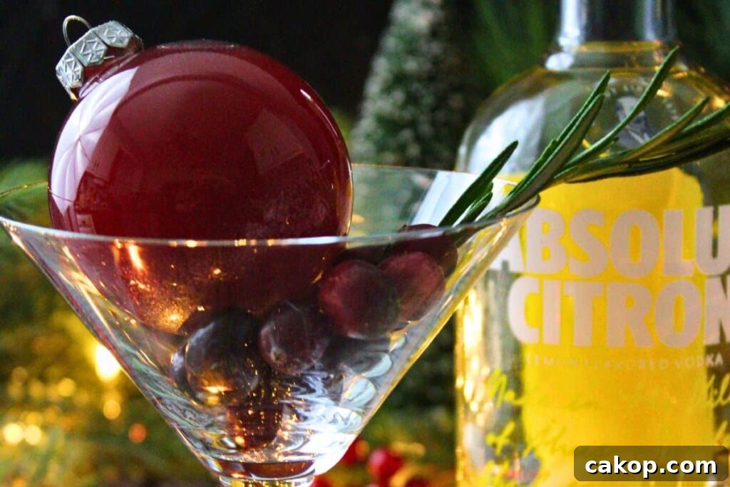 closeup of ornament martini with glass bauble in front of vodka bottle
