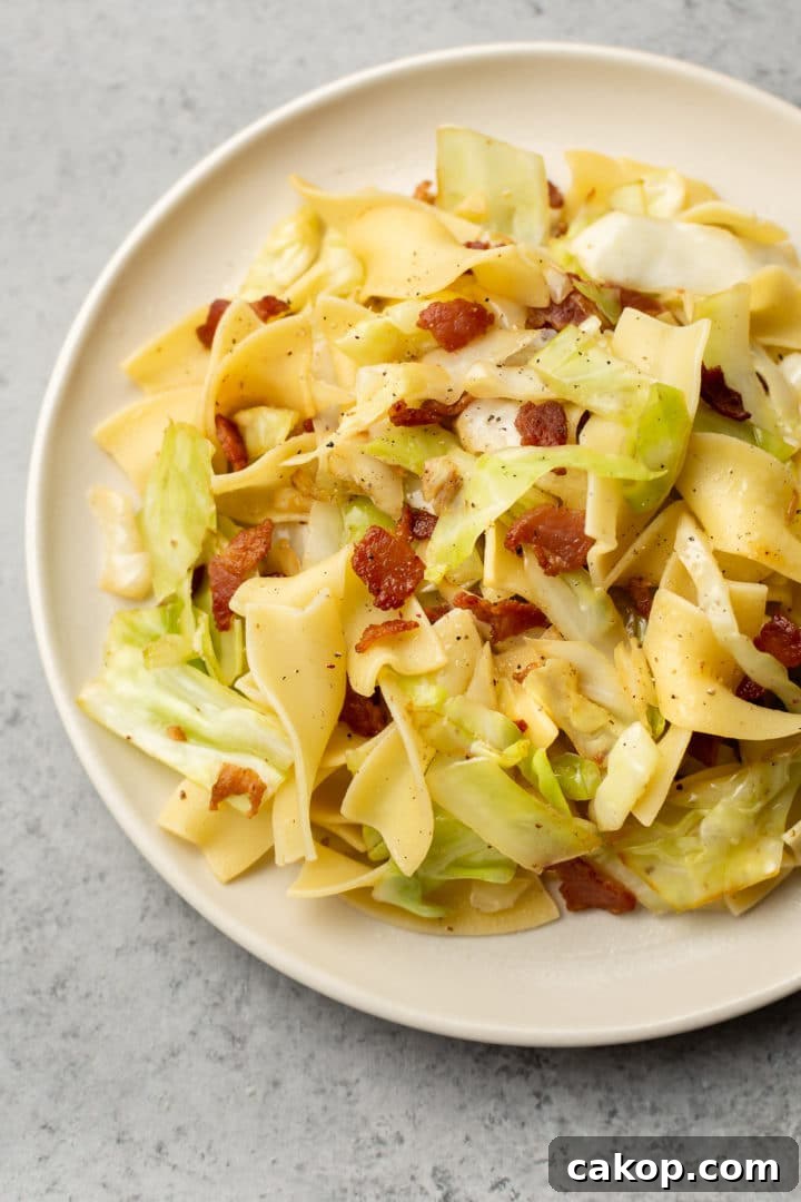 close-up of cabbage and noodles with bacon (on a beige plate)