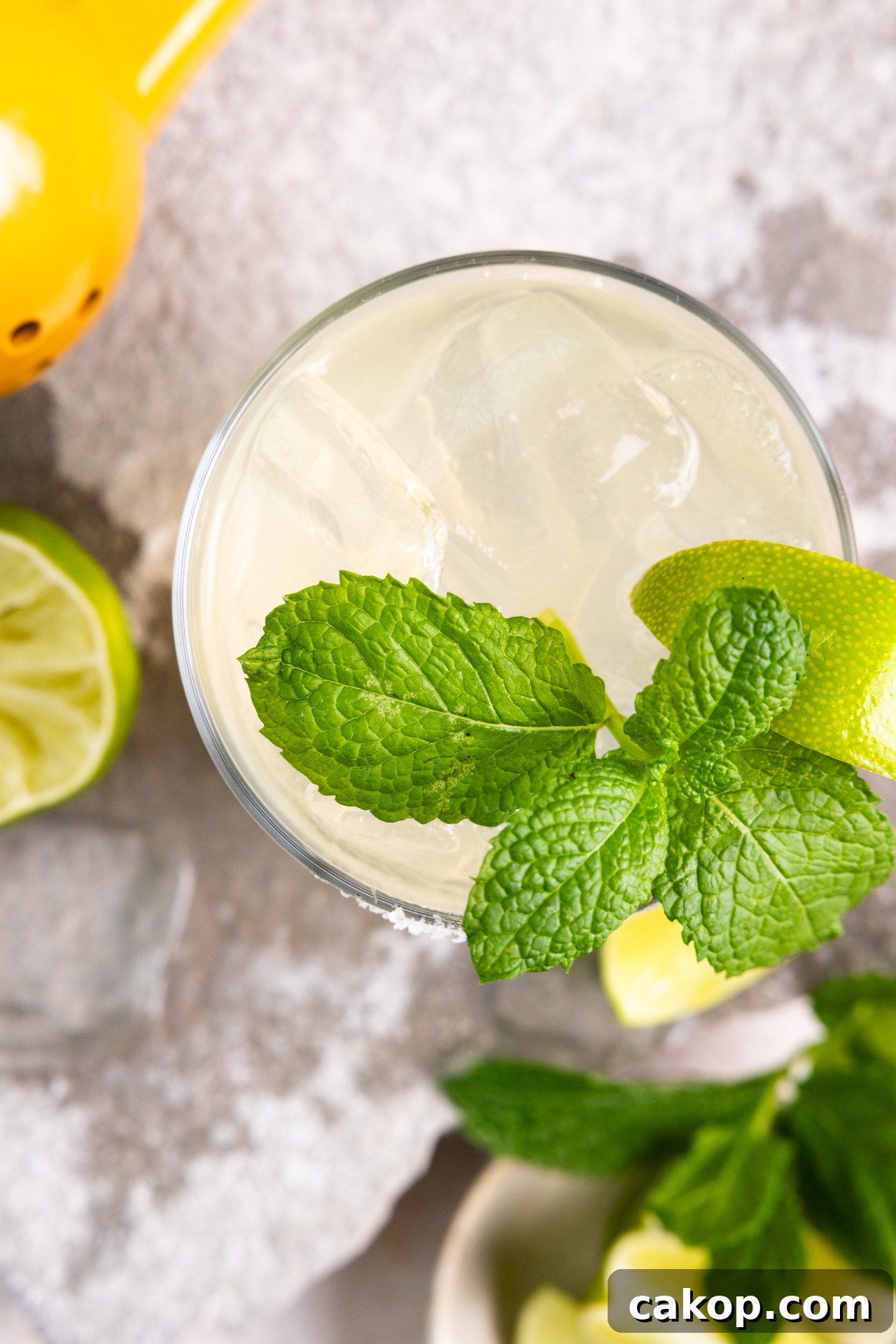 Overhead of a glass with margarita showing ice and mint leaf garnish.