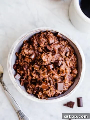 A bowl of chocolate oatmeal topped with chocolate chunks.