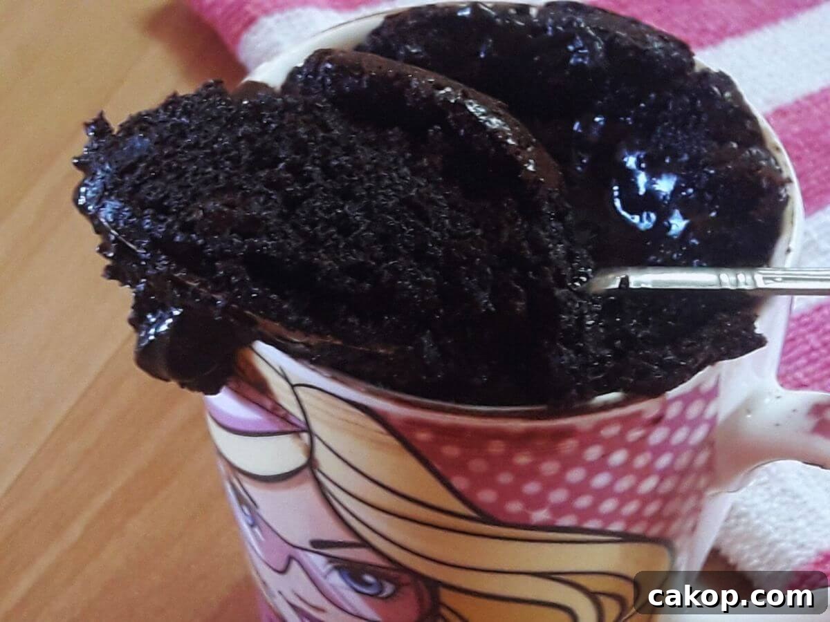 2-Minute Microwave Chocolate Mug Cake Recipe 2 microwave chocolate mug cake, with a spoonful of molten cake resting on the mug's rim.