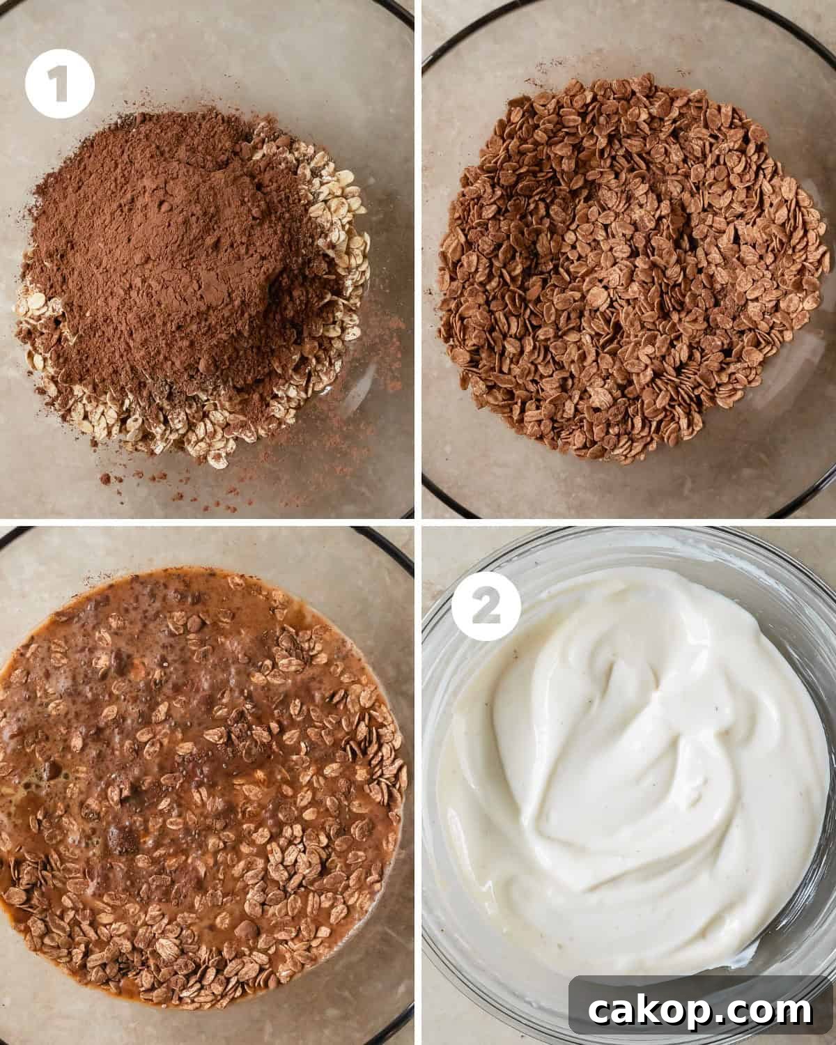 Combine dry ingredients, then add liquids, chill, and prepare yogurt layer.