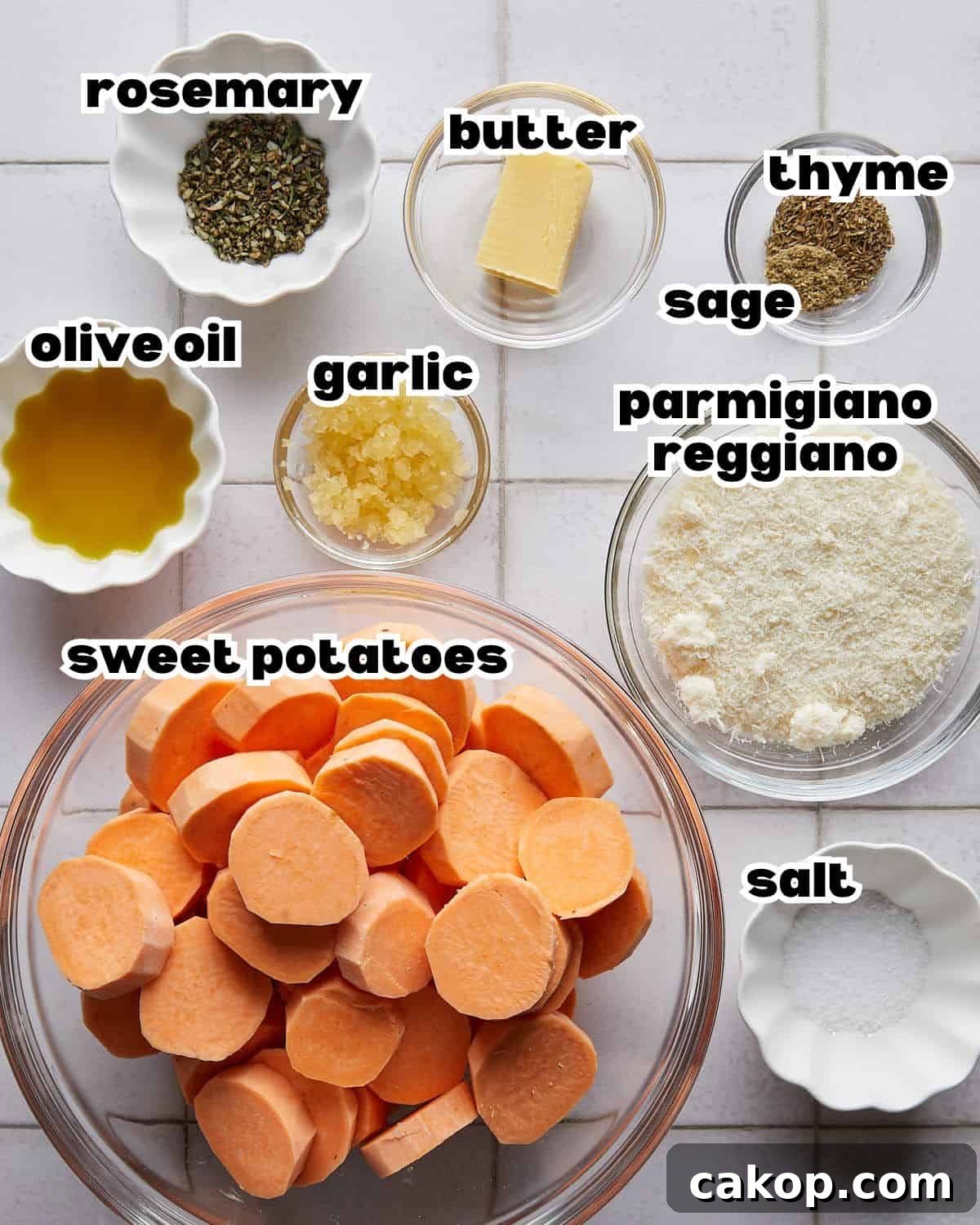 An overhead image of ingredients needed to make savory sweet potatoes. 