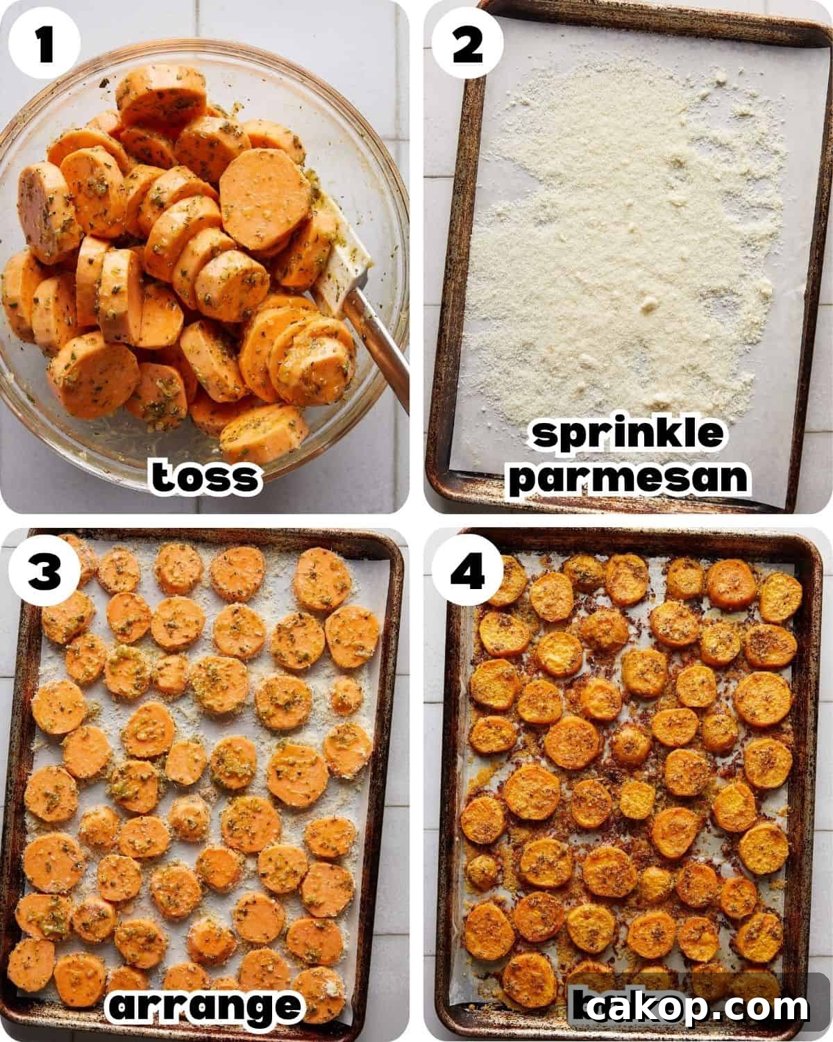 A four photo collage showing the steps for savory sweet potatoes. 