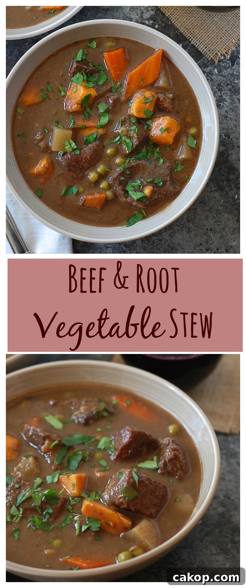 This easy beef stew is filled with tender chunks of carrot, turnip, and sweet potato. Cozy up with a glass of wine and a hunk of crusty bread. This is winter comfort food at its best!