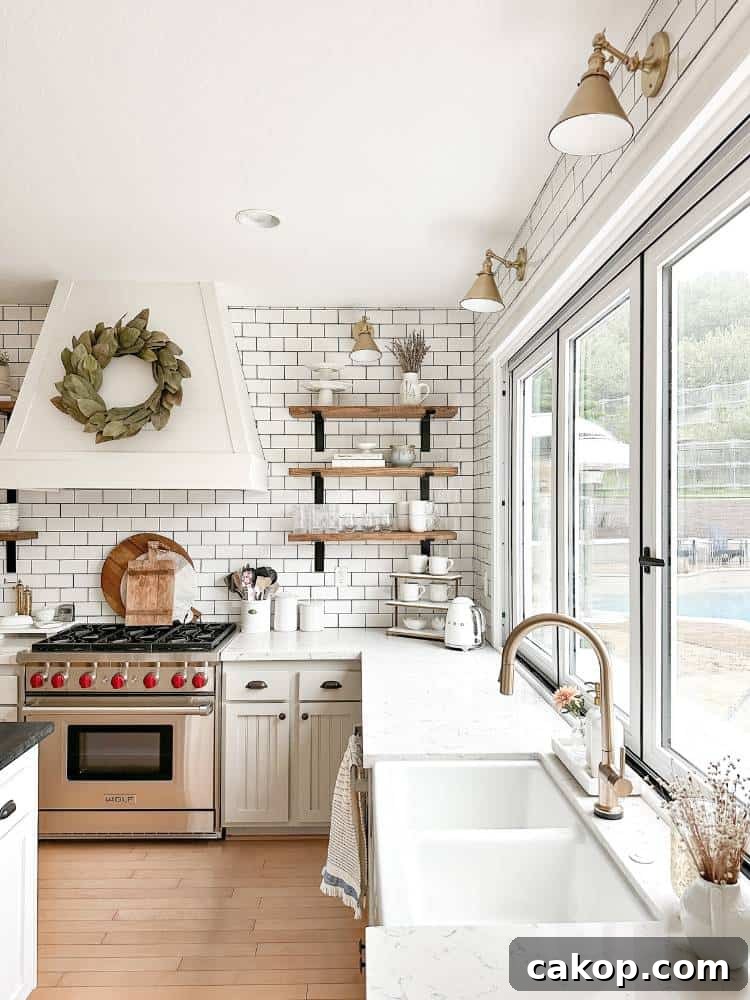 open shelving on either side of large wood range hood 
