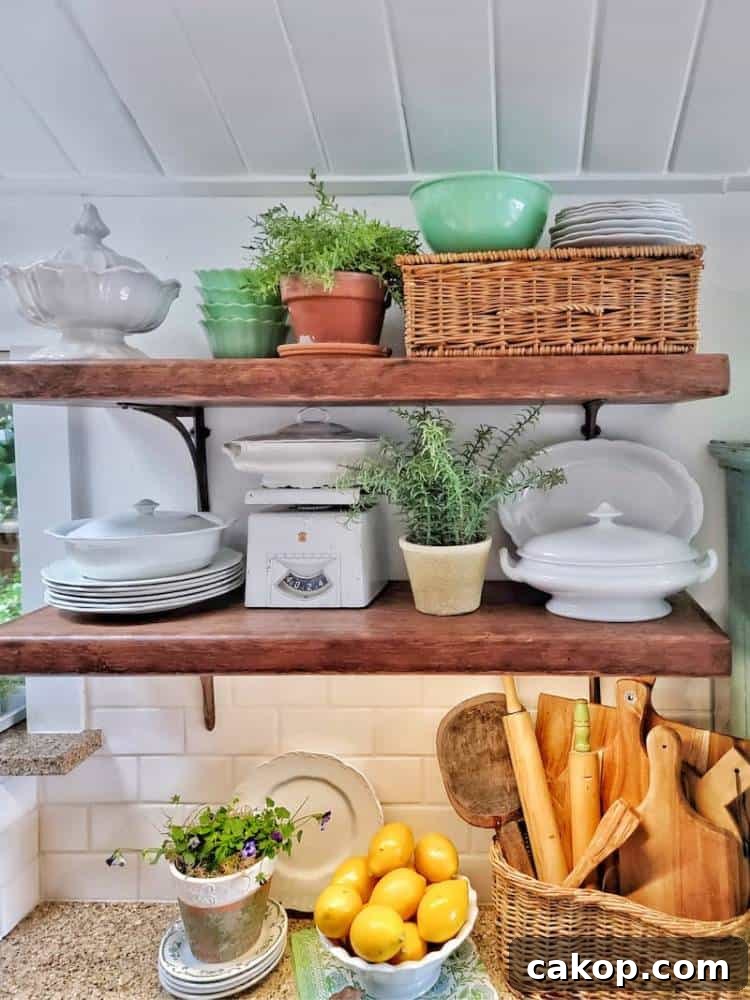 open wood shelves decorated with antiques in kitchen