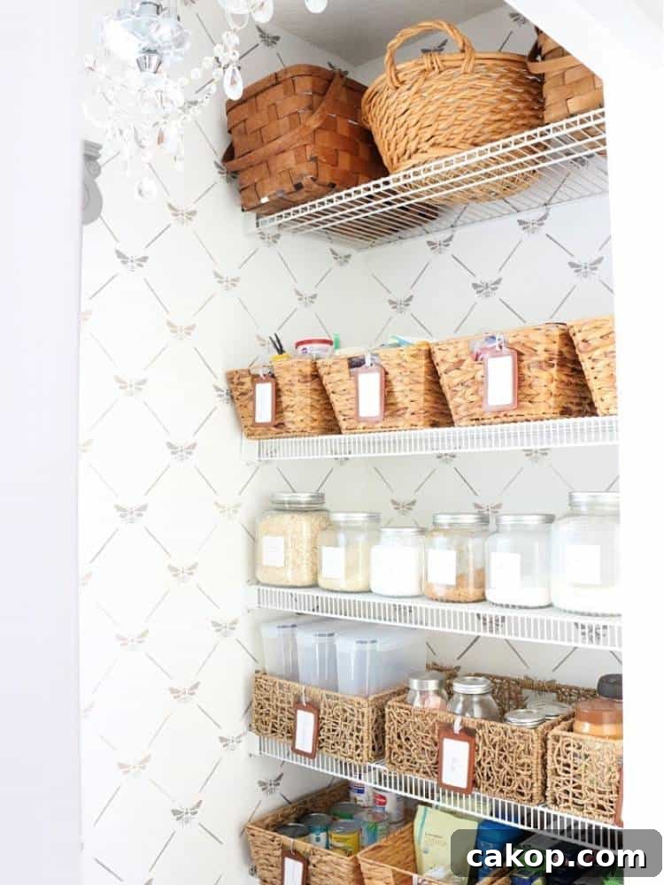 wire shelving with baskets and glass jars in pantry