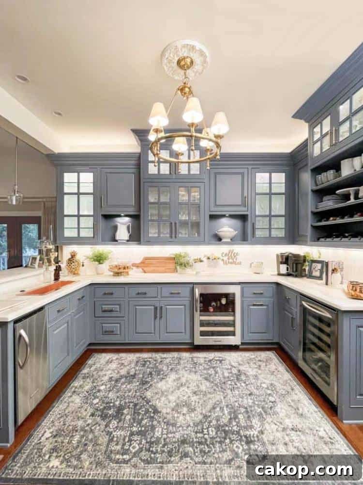 view of blue cabinets with white counters 