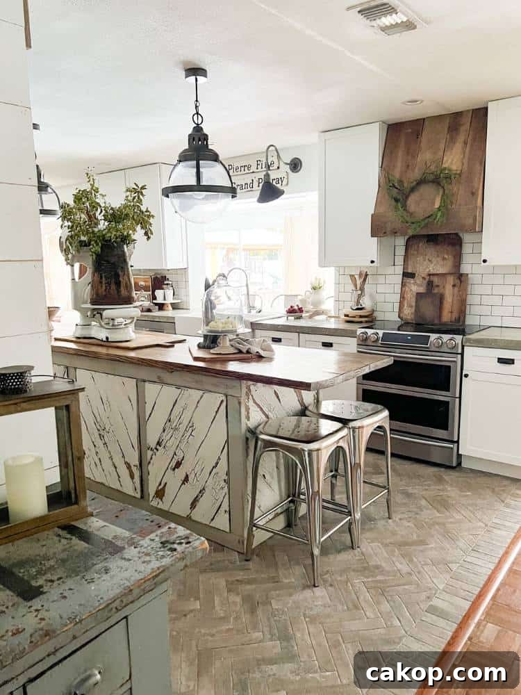 rustic wood island in middle of kitchen 