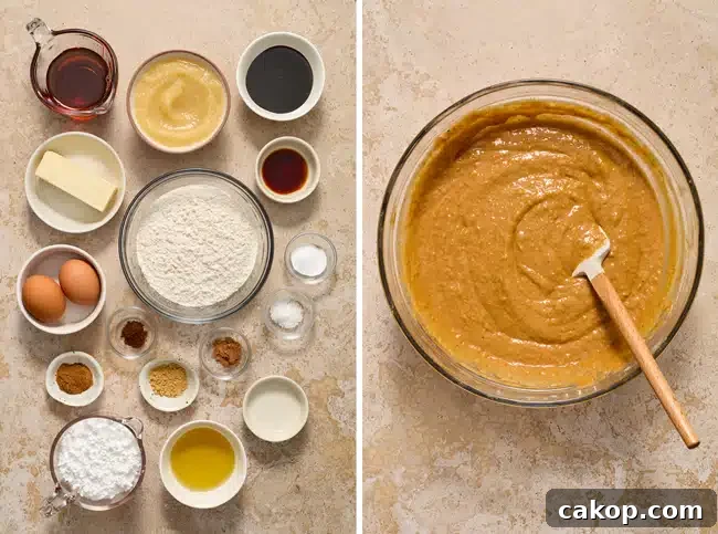 Ingredients for gingerbread cake in small bowls and then the batter in a mixing bowl.