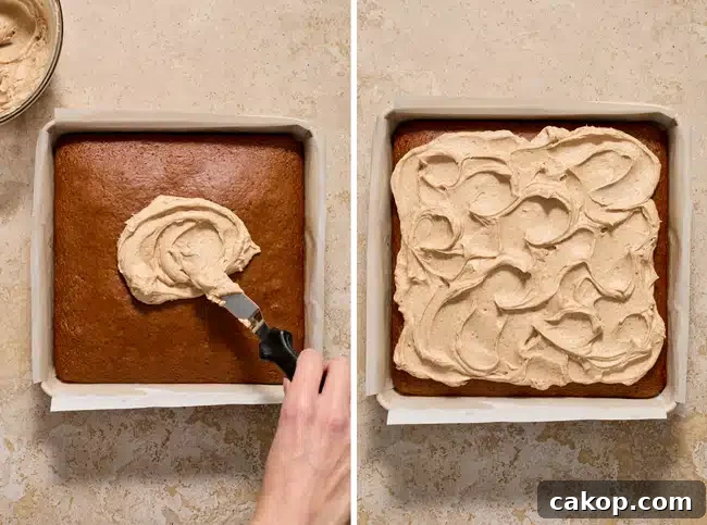 Someone frosting a cake and then the cake fully frosted.