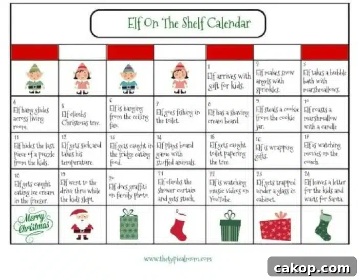 Elf on the Shelf December Countdown Calendar Ideas 2 The Elf on the Shelf calendar features a daily activity chart adorned with charming illustrations of elves and Christmas delights. Activities include baking, crafting gifts, playful games, and Santa preparations. Each date, from 1 to 24, unveils a new festive adventure with your elf companion.