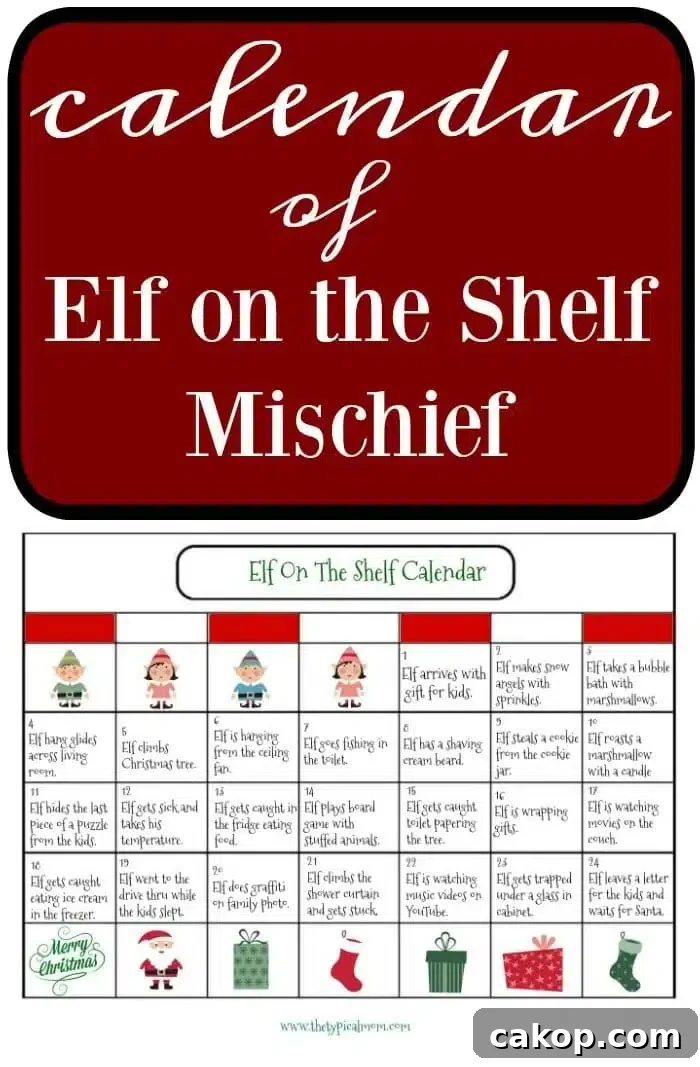Elf on the shelf calendar for December. #elfontheshelf #calendar #christmascalendar The image presents an elf on the shelf calendar titled Elf on the Shelf Mischief. It offers daily playful activities for elves, complete with charming illustrations of elves in diverse costumes. The header stands out with a vibrant red background and crisp white text.