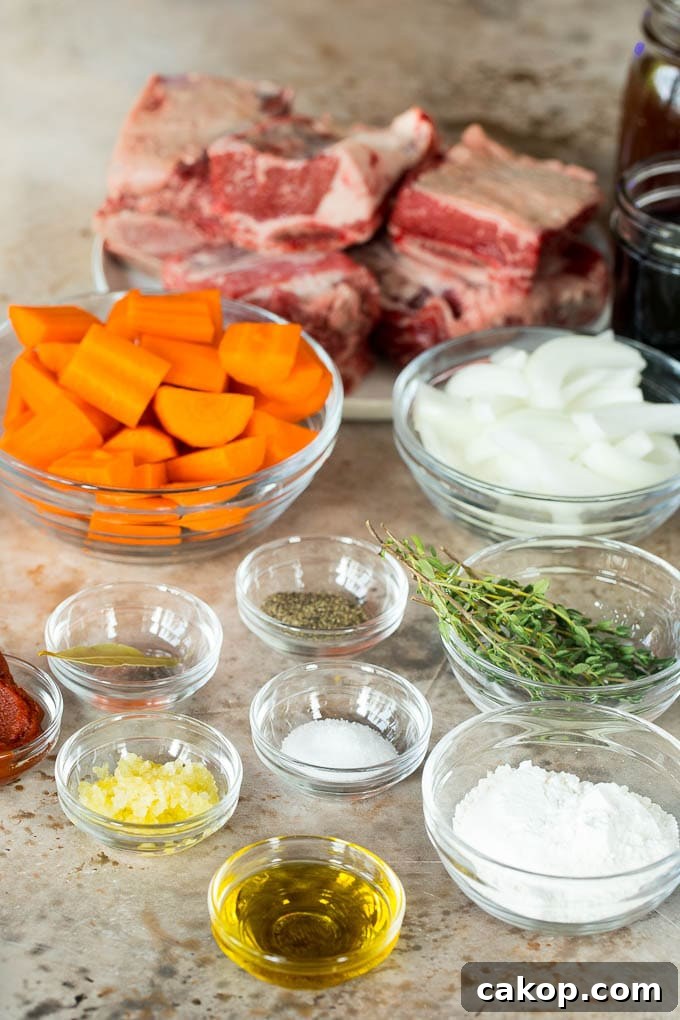 Tender Slow Cooker Short Ribs Recipe for Melt-in-Your-Mouth Beef 3 Bowls of ingredients including vegetables and seasonings, and a plate of short ribs.