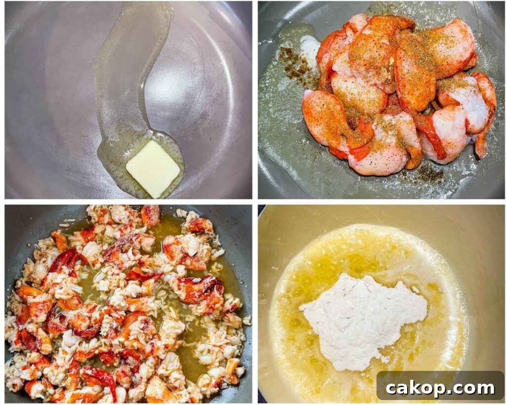 collage photo of 4 photos with lobster and butter cooked in a skillet