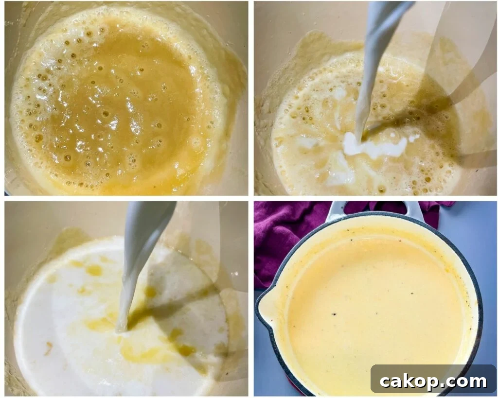 collage photo of butter and flour melted in a saucepan with milk