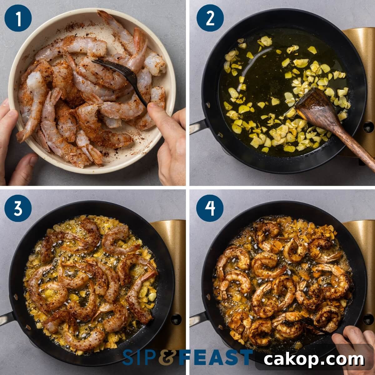 Gambas al ajillo recipe process shot collage group one showing seasoning the shrimp, sauteing garlic in olive oil, and sauteing the shrimp.