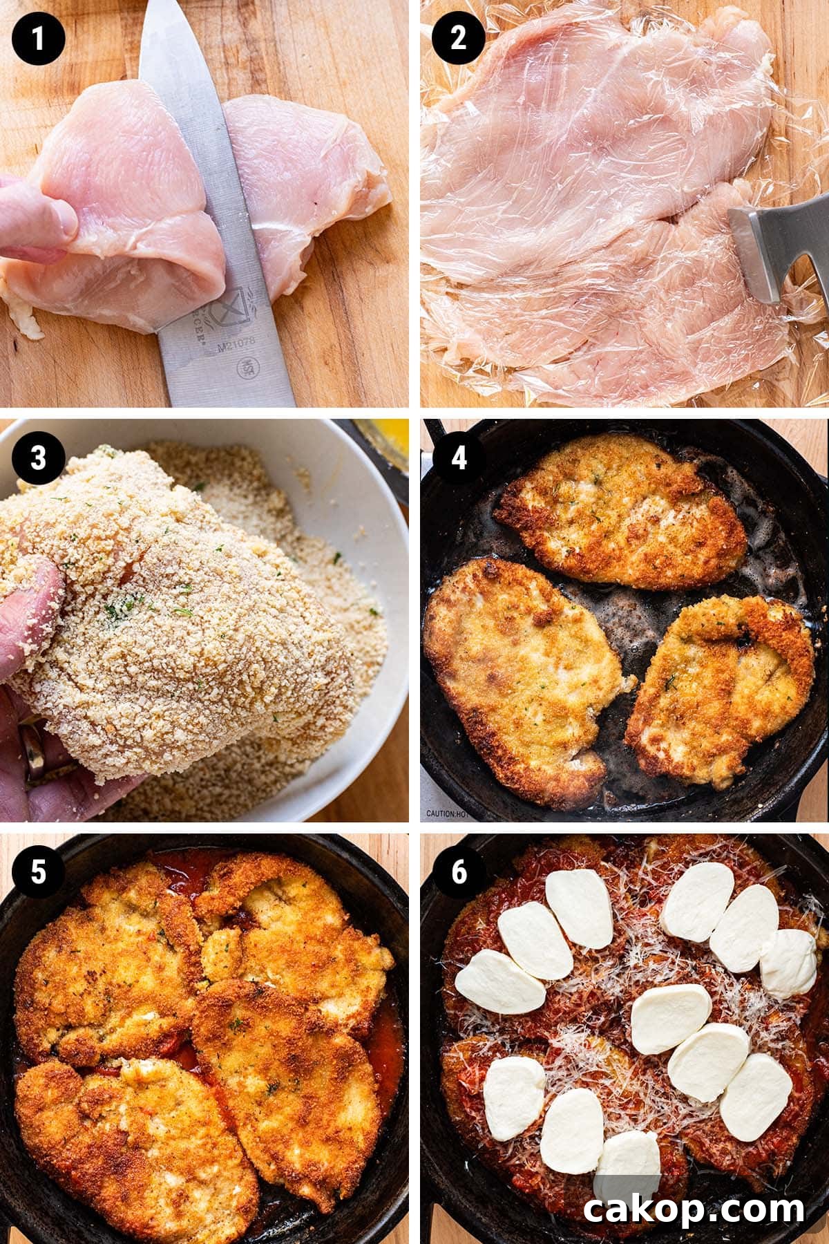 Pictured step by step process pictures of making chicken parmesan in a cast iron skillet.