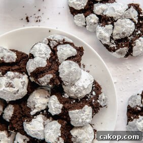 Chewy Chocolate Crinkle Cookie Recipe 12 chocolate crinkle cookies on a white round plate and more cookies next to plate