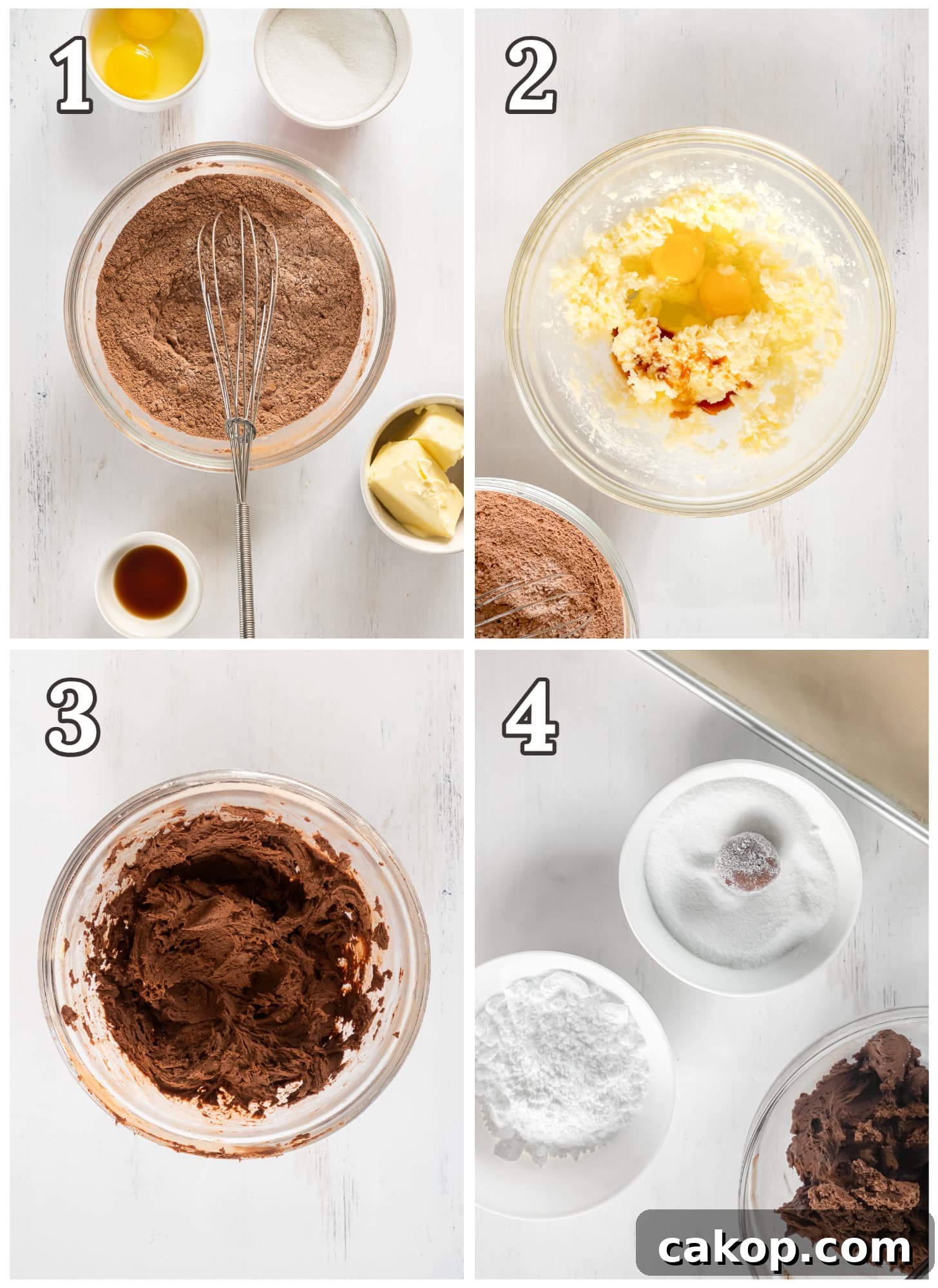Chewy Chocolate Crinkle Cookie Recipe 4 photo collage demonstrating how to make chocolate crinkle cookie dough in a glass mixing bowl.
