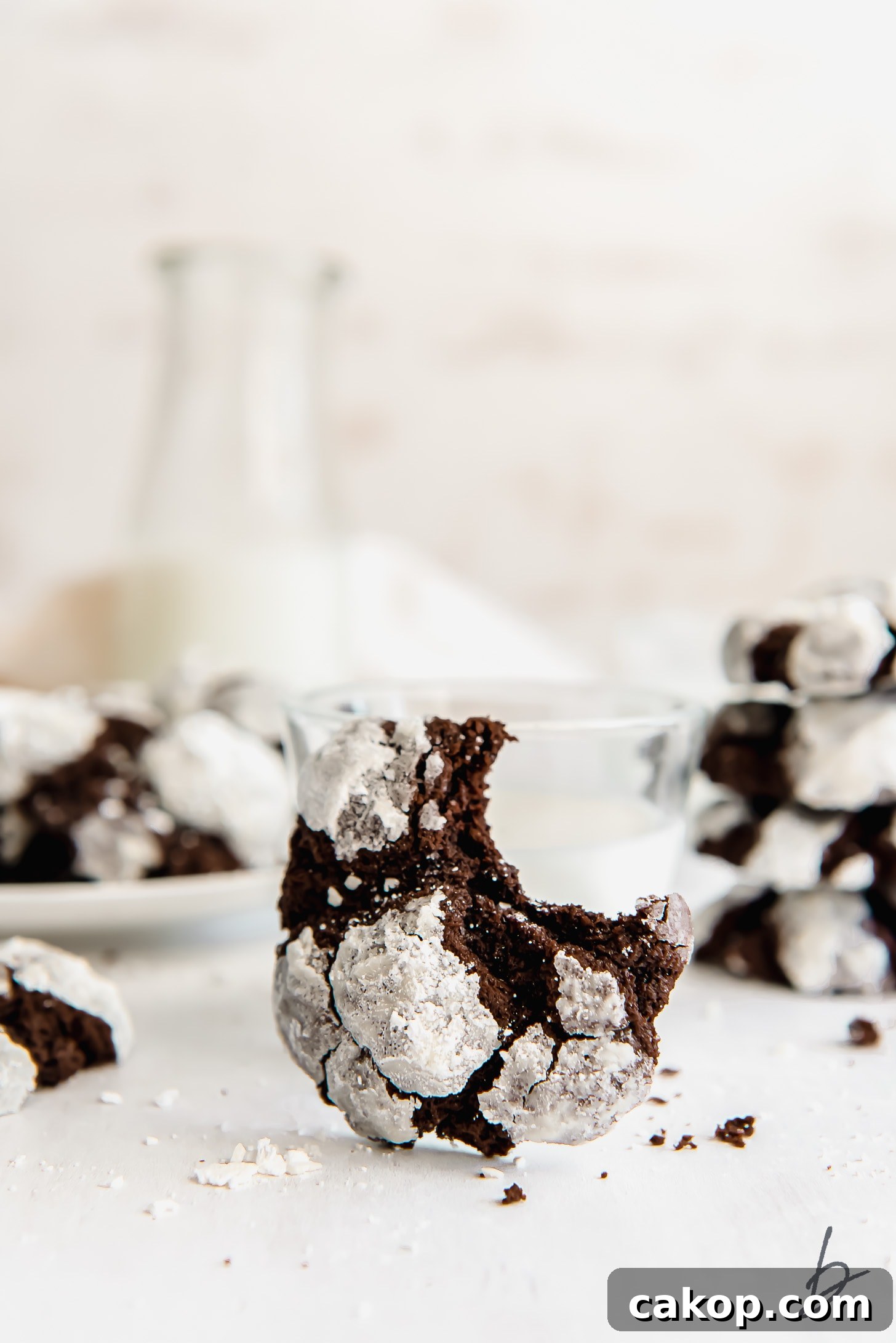 Chewy Chocolate Crinkle Cookie Recipe 5 chocolate crinkle cookie with a bite leaning against glass of milk
