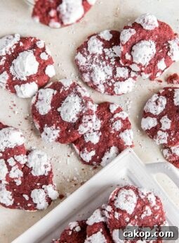 red velvet crinkle cookies with powdered sugar scattered on surface