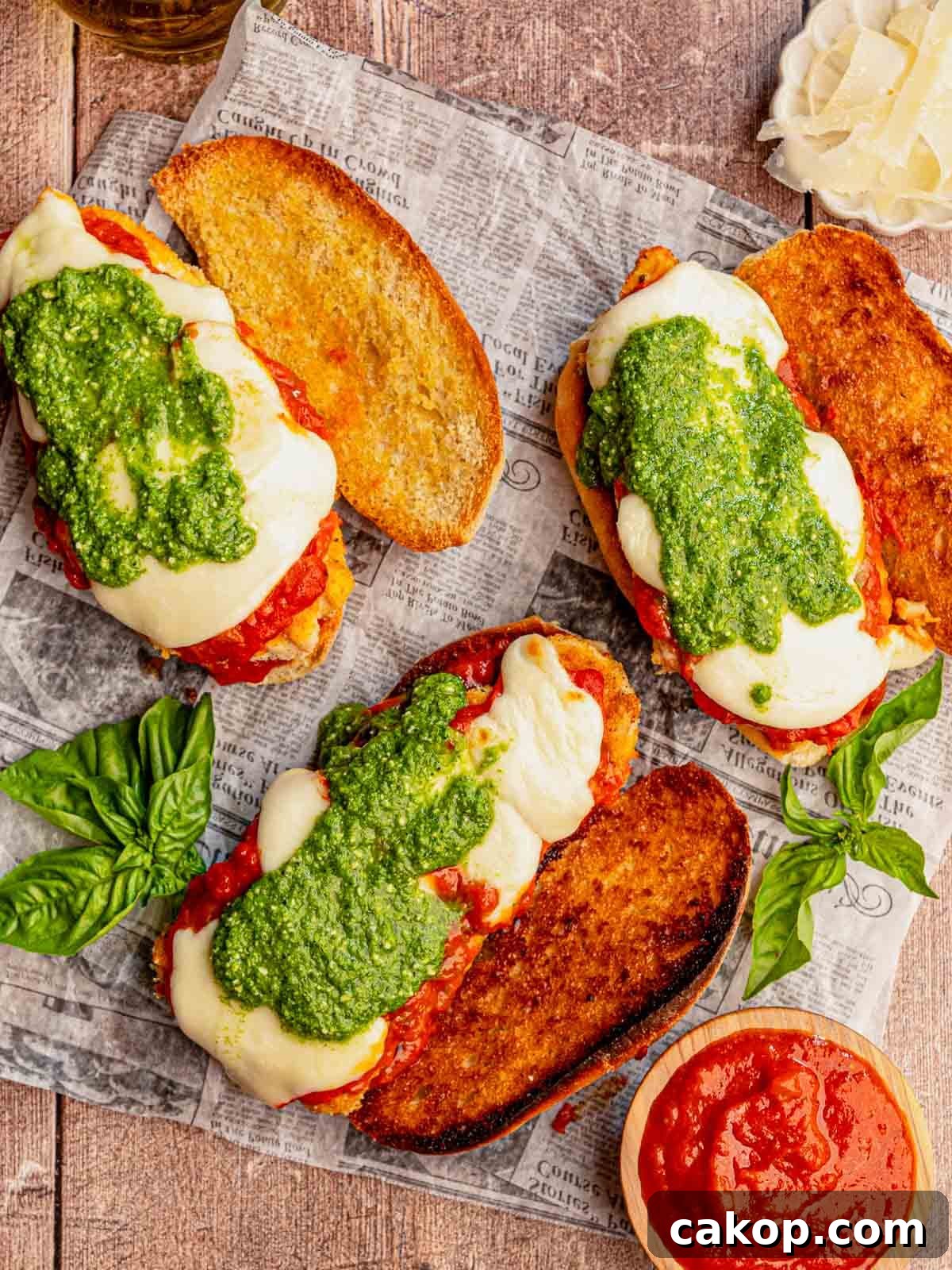 Chicken parmesan sandwiches with a bowl of marinara.
